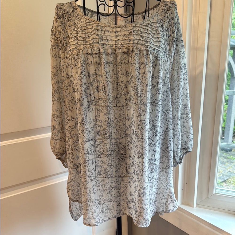LC Lauren, Conrad scoopneck, three-quarter sleeve floral sheer blouse